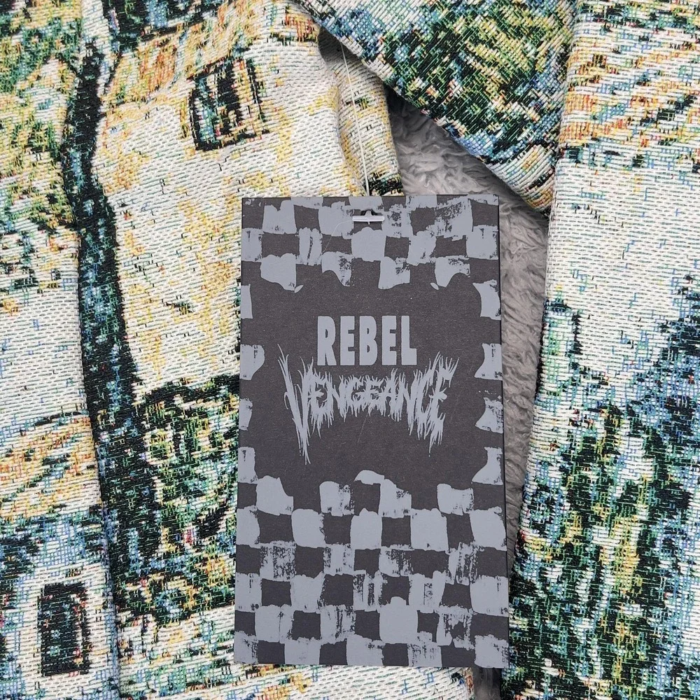 Rebel Vengeance Jacket Mens Large Multicolor Tapestry Art Cityscape Bomber